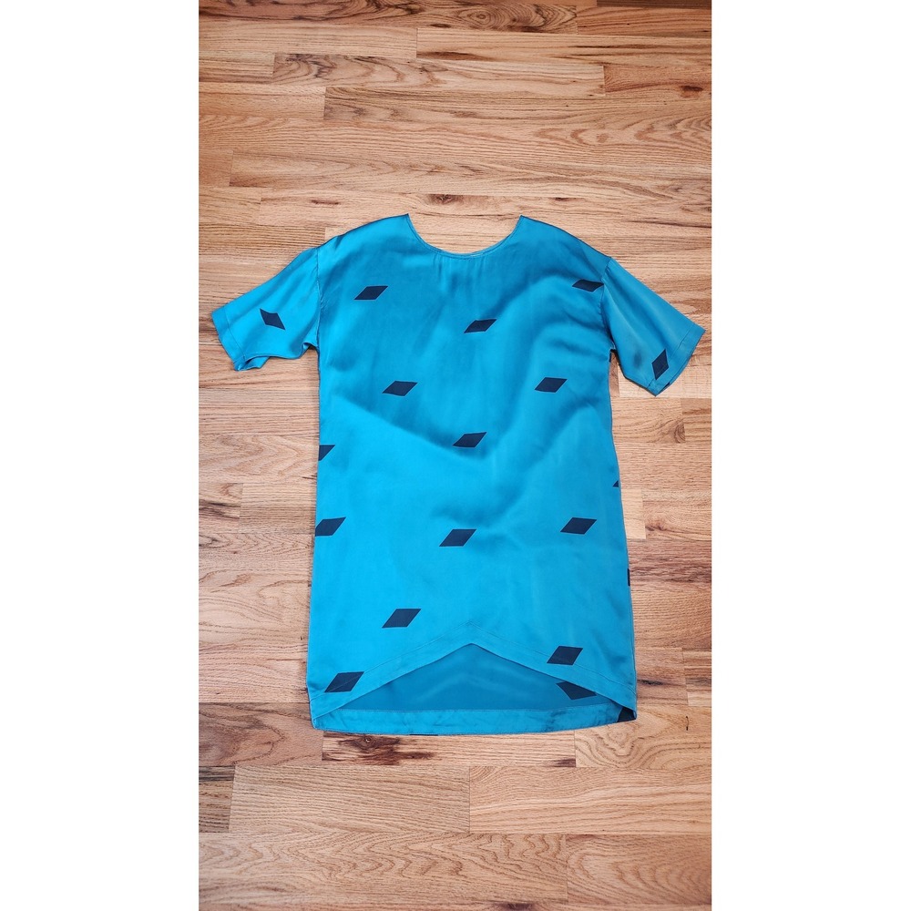 Vintage Sunshine Shadow Teal Silk Diamond Print Short Sleeve Dress Size 2 - Picture 11 of 11
